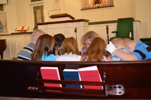 Wytheville Baptist's SonShine Singers praying before the CHildren's Sunday program began on September 28, 2014.